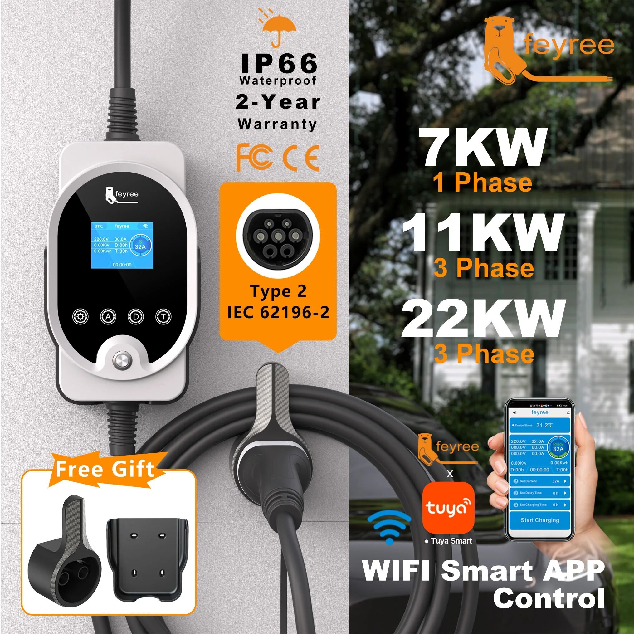 Feyree EV Charger Type2 32A 7.6KW 11KW 22KW Electric Car Charging Station EV Charging Wallbox Appointment Adjustable Current Wifi Smart APPControl ราคา 12,655 บาท*ส่งฟรี