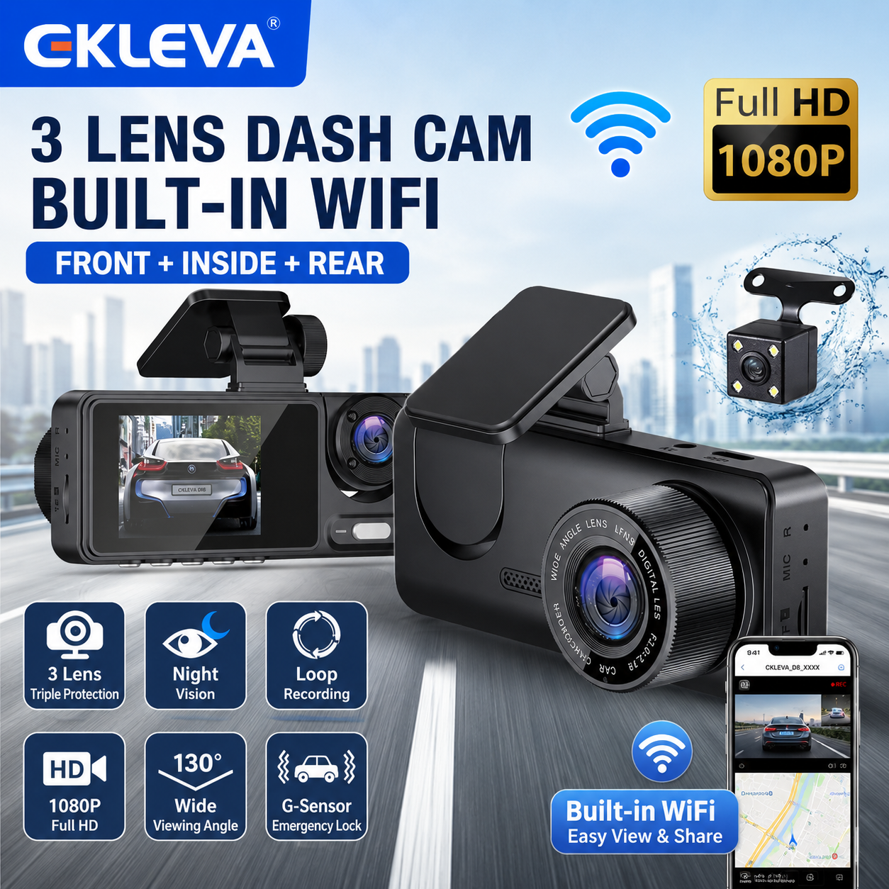 EKLEVA 3 Lens Dash Cam for Cars 1080P Dvr in the Car DVR Video Recorder WIFI Rear View Camera for Vehicle Black Box Car Assecories Giá 700,187 Đồng*Miễn phí vận chuyển