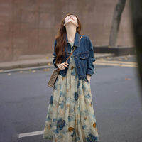 XUECAIQI | Autumn Korean Business Casual Matching Set Vintage Denim Jacket Ink Wash Painting Floral Dress