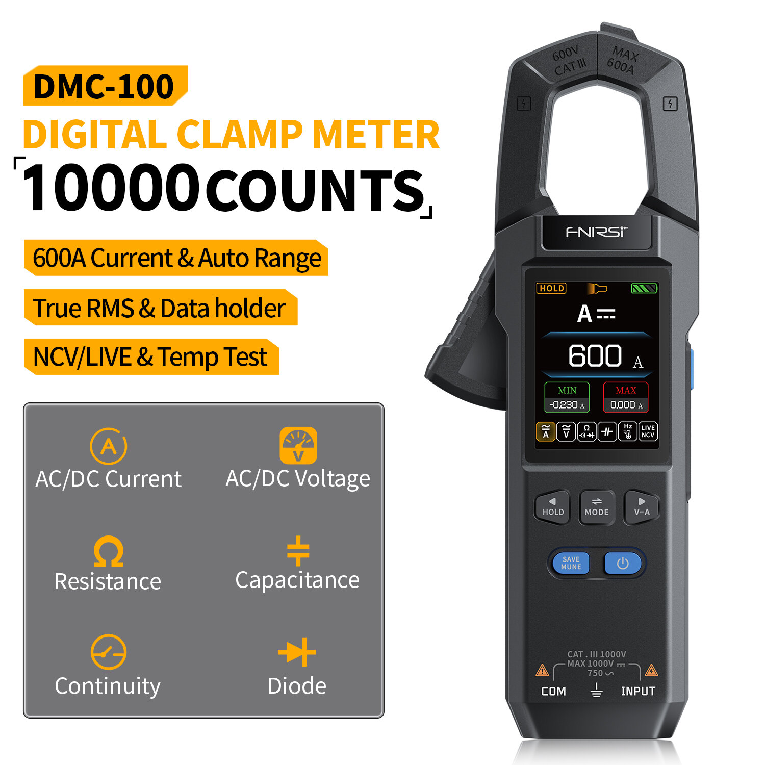  DMC-100 thông minh Màn hình màu kẹp đa năng kế kỹ thuật số AC dòng điện một chiều Tester 10000 đếm NCV Live & Temp thử nghiệm 5-Bộ chi tiết 