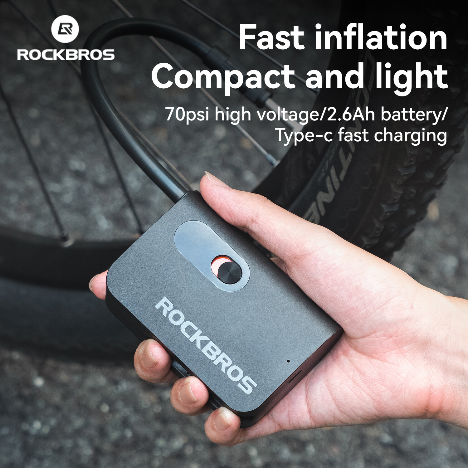  ROCKBROS Mini Xách Tay bơm điện 70psi 2600MAh Pin Type-C Sạc Bơm Xe Đạp AV Fv Mtb xe đạp đường trường Xe Máy phao bơm Không Dây 