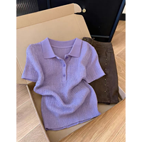 HUOLISI | Korean Style Purple Gentle All-match Polo Collar Short Sleeve Knitted Blouse