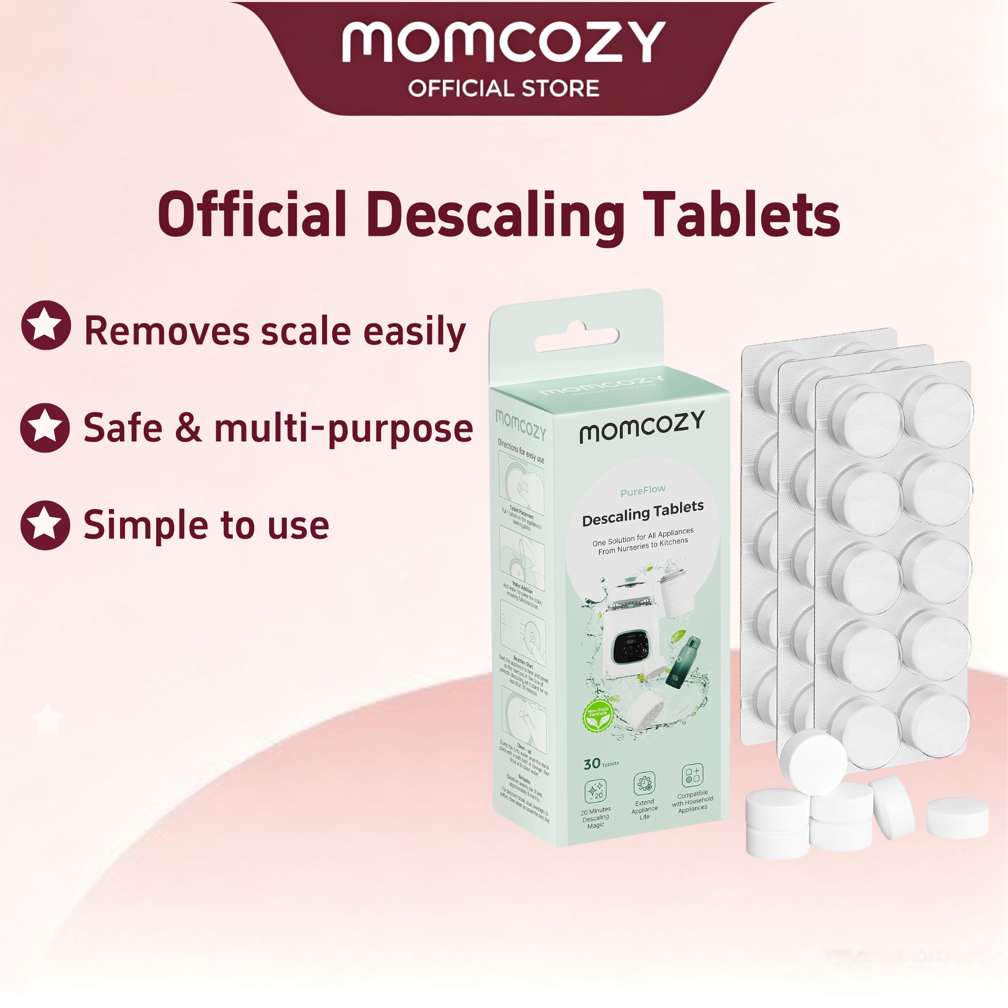 ≮730≯ Momcozy Official Descaling Tablets Compatible KleanPal Pro Baby Bottle Washer Descaler for Milk & Limescale Removal 30 Count