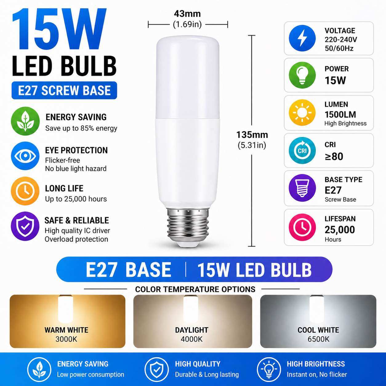 Super Bright LED STICK BULB 10W 15W 20W light bulb