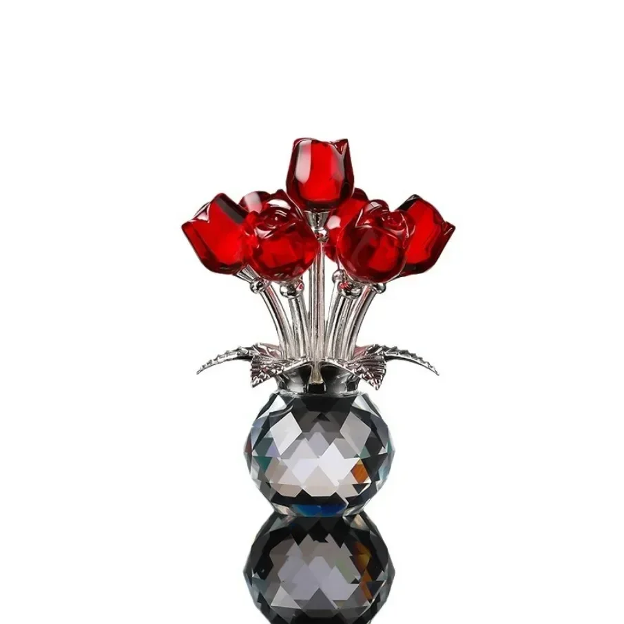 Crystal Red Rose Bouquet with Round Vase Figurines Gifts for Women Glass Bouquet Ornament Romantic Gifts Table Centerpiece