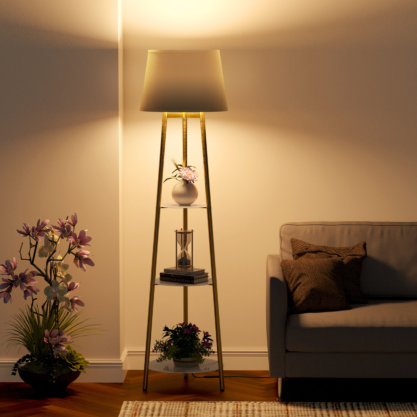 WISFOR Floor Lamp Tripod LED Floor Lamp with 3 Tier Display Shelves Standing Floor Lamp Accent Light for Bedroom Living Room
