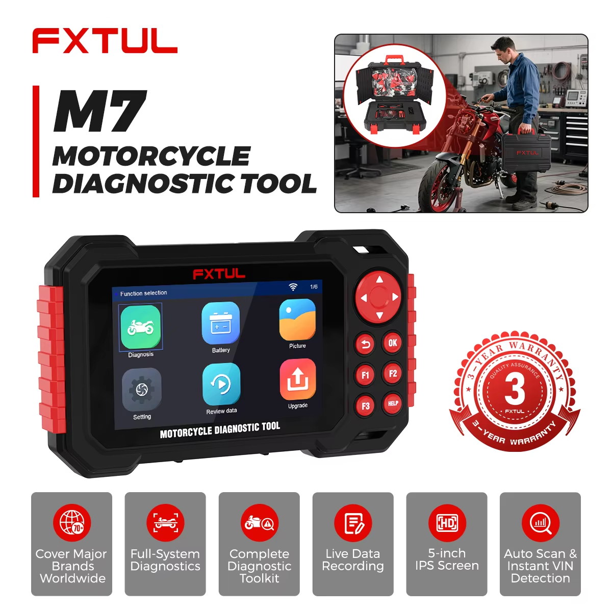 AUTOOL FXTUL M7 Motorcycle Diagnostic Tool – 5" IPS Auto Scan OBD2 Scanner with ABS & Engine Diagnosis, Instant VIN Detection, Data Recording, Compatible with 70+ Brands (BMW/Ducati/Yamaha/Honda/SYM) ราคา 14,449 บาท*ส่งฟรี