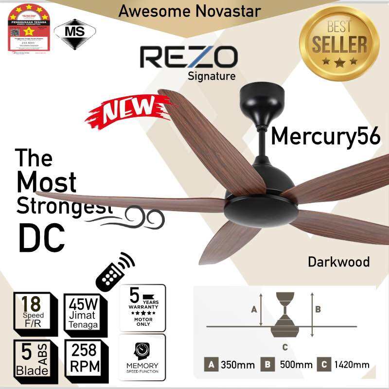REZO Mercury 32"/ 42"/56" with LED DC Motor Remote Control Ceiling Fan Premium. 