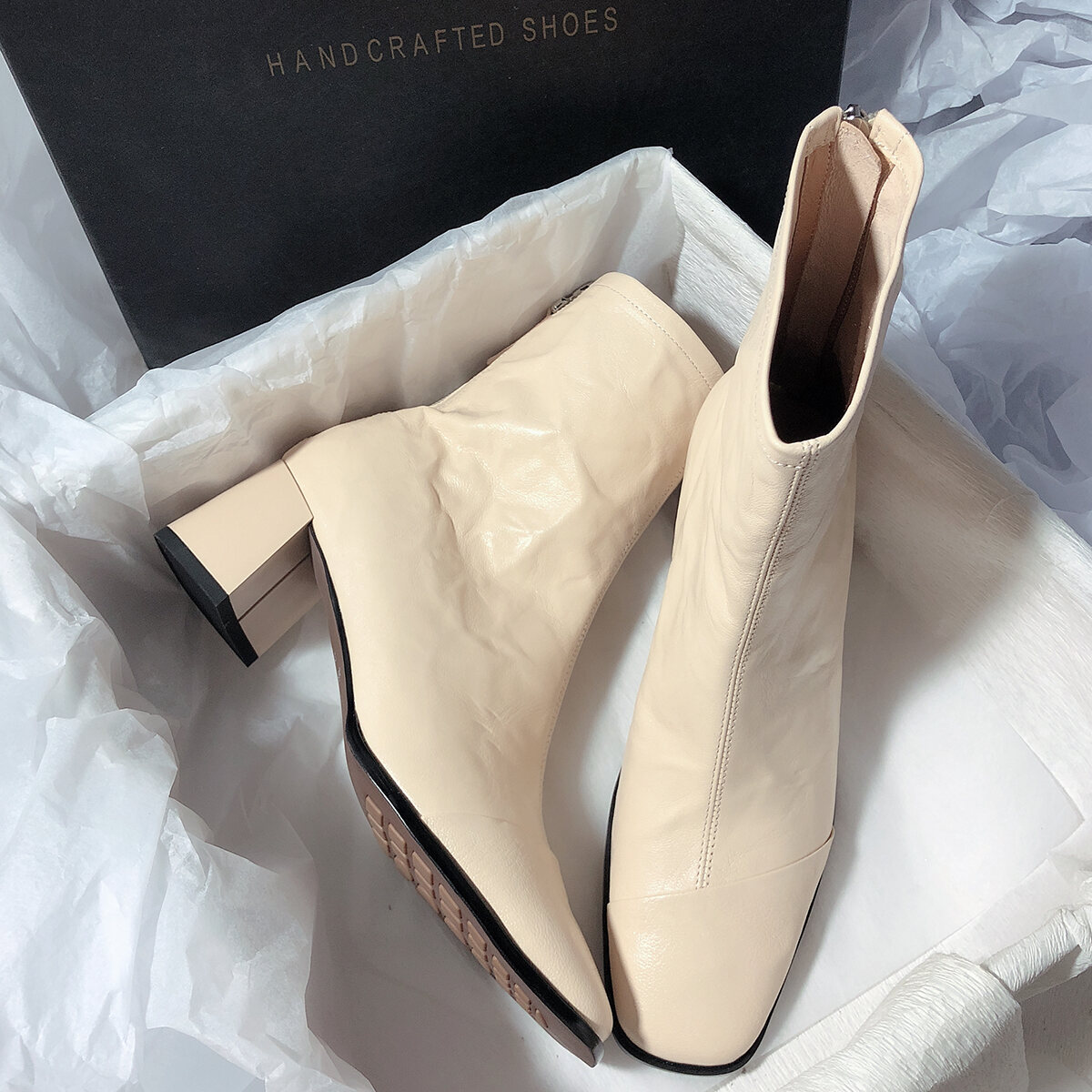 Miyukiharajuku Genuine Leather Square Toe Chunky Heel Zipper Short Boots Women's Fashion Boots Spring Autumn Winter Season Harga  330 Ringgit*Penghantaran Percuma