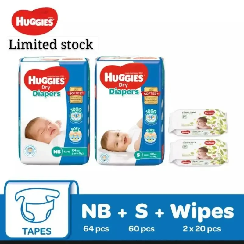 Huggies Dry Giftpack NB64+S60+Wipes 20s x2