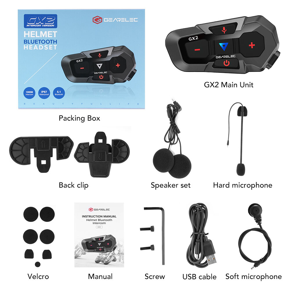 GEARELEC GX2 Motorcycle Helmet Bluetooth 5.1 Intercom System 2 Riders 1000m Wireless Interphone Headset with Voice Control. 
