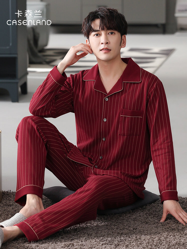 CASENLAND | Red Cotton Long Sleeve Loose Knit Striped Sleepwear Harga 108 Ringgit*Penghantaran Percuma