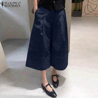 ZANZEA Korean Style Women Summer Office Elastic Waist Solid Color Pants Wide Leg 3/4 Trousers #1008