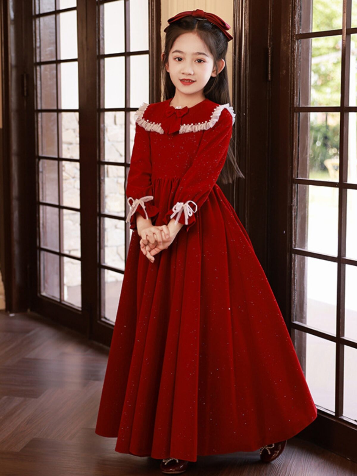 Red Long Princess Dress Children's Performance Costume Hostess Autumn Winter Girls' Dress Kids Fashion Pure Color Polyester Fiber Harga  90 Ringgit*Penghantaran Percuma