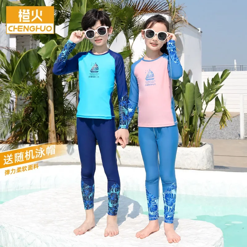 Children's Long-Sleeve Swimsuit Trousers Boys and Girls Two-Piece Swimsuit Sun Protection 2021 New Medium and Big Children Summer Girlish