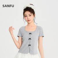 SANFU | Short Lace Bow Decorated Faux Two-Piece Blouse