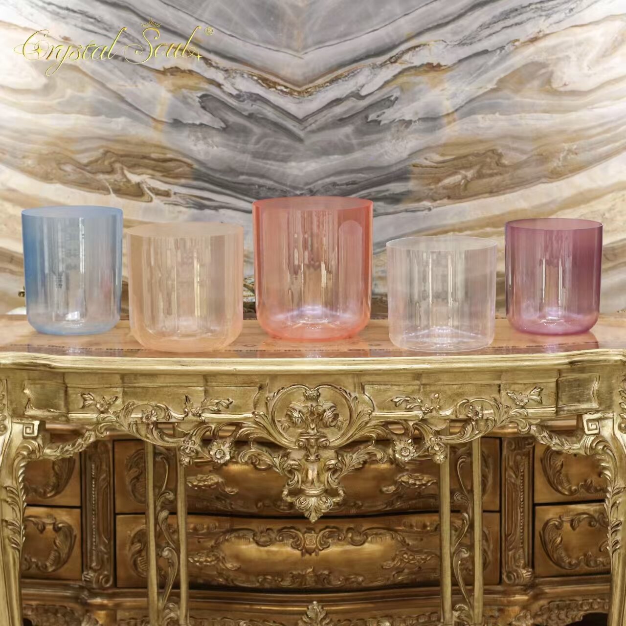 Crystal Soul Large Size 5.5-7 Inch Five Element Pearl Colored Alchemy Quartz Crystal Singing Bowl Set Sound Bath Chakra Balancing Yoga Meditation Reiki Sound Healing Percussion Musical Accessories Instrument
