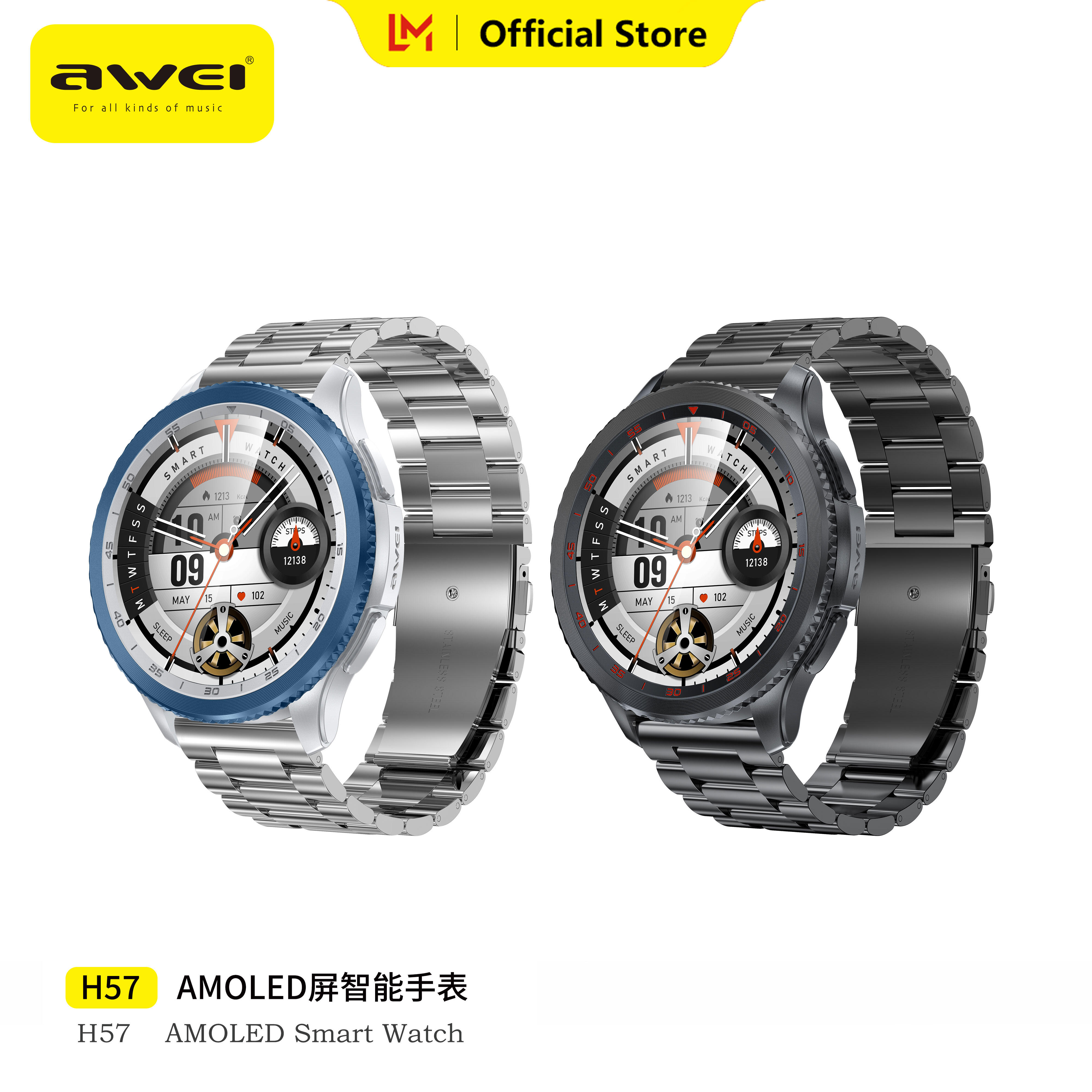 Awei H57 Zinc Alloy Smart watch Bluetooth calling 7-10days standby time 1.43 inch AMOLED Screen 3 ATM Waterproof Chat GPT AI Health risks sleep monitoring for men women sports ราคา 2,102 บาท*ส่งฟรี