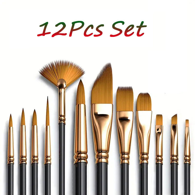12Piece Nylon Bristle Brush Set Nylon Flat Brushes Watercolor Brushes Oil Paint Brushes For Artists Amateur Acrylic Painting