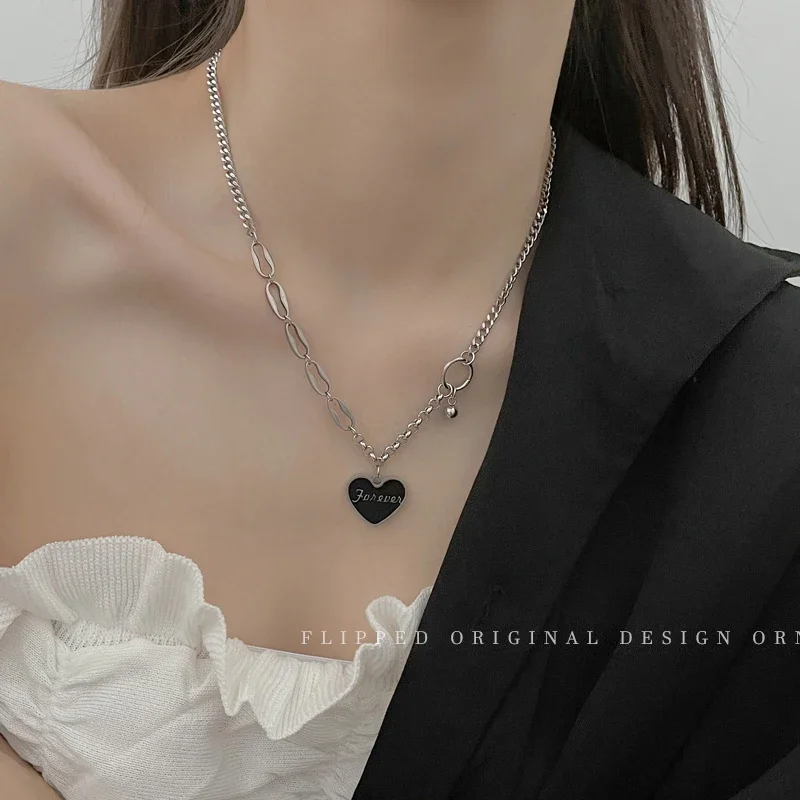 Black Love Letter Pendant Necklace for Women Trendy Titanium Steel No Fading Ins Cold Style Hip Hop Matching Sweater Clavicle Chain
