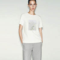 AMII | Floral Bird Embossed Printing Letter Embroidery Cotton Stretch Womens T-Shirt