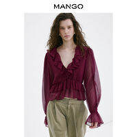 Mango | Bohemian Sheer Ruffled V-neck Womens Shirt