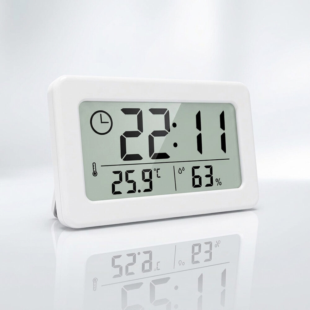 Digital Clock Temperature Humidity Meter Battery Powered Desktop Wall Mount for Kitchen Bathroom Office Living Room Bedroom