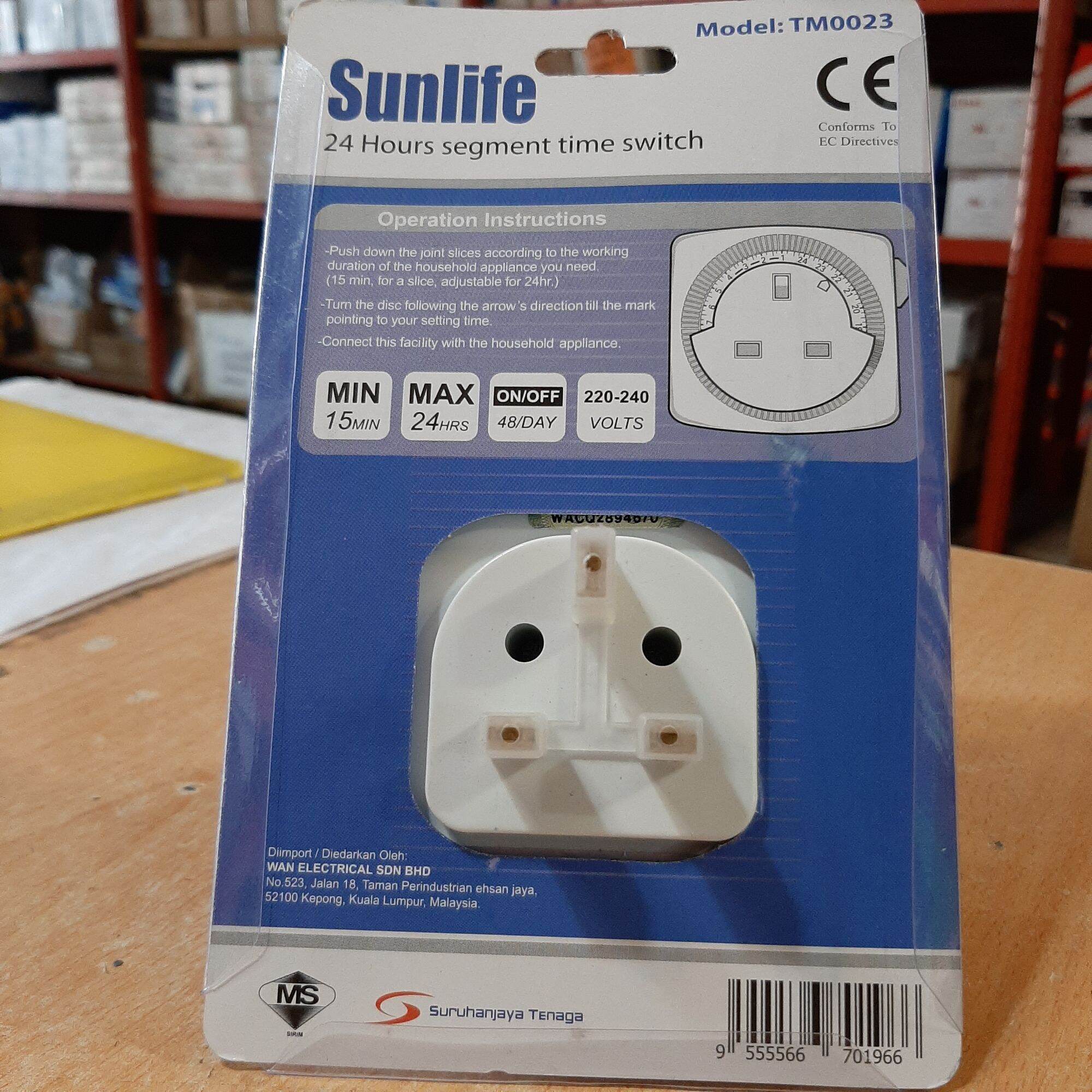 (SIRIM) Sunlife 24 hour segment time switch TM0023 13A plug in timer 24hour programme timer 24H timer 3 pin plug in timer. 