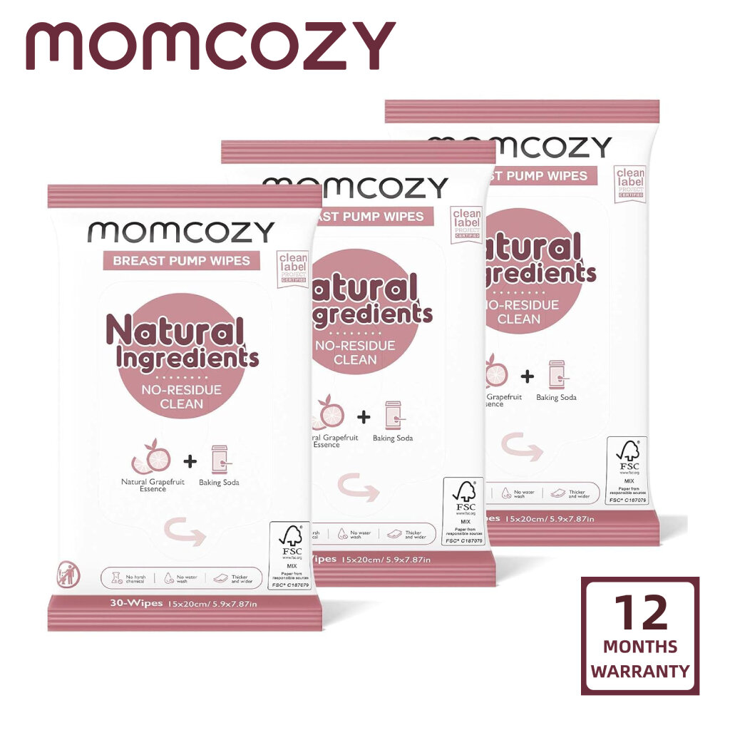 Momcozy Khăn lau máy hút sữa tự nhiên cho bộ phận bơm làm sạch On-The-Go 30 Đếm (gói 3) đèn flash sạch & Nắp kéo Khăn lau máy bơm