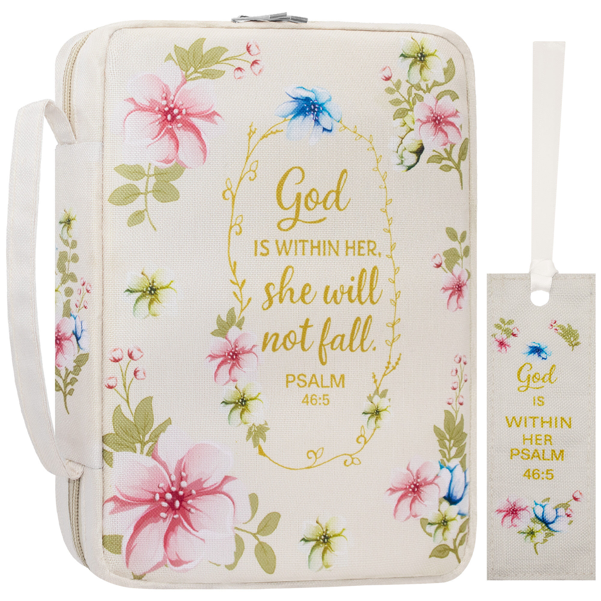 Floral Bible Cover for Women with Zipper and Handle Large Capacity Scripture Case with Pen Holders and Pockets