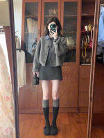XUECAIQI | Korean Style Autumn/Winter 3-Piece Outfit Gray Wool Coat Plaid Shirt Mini Skirt Set