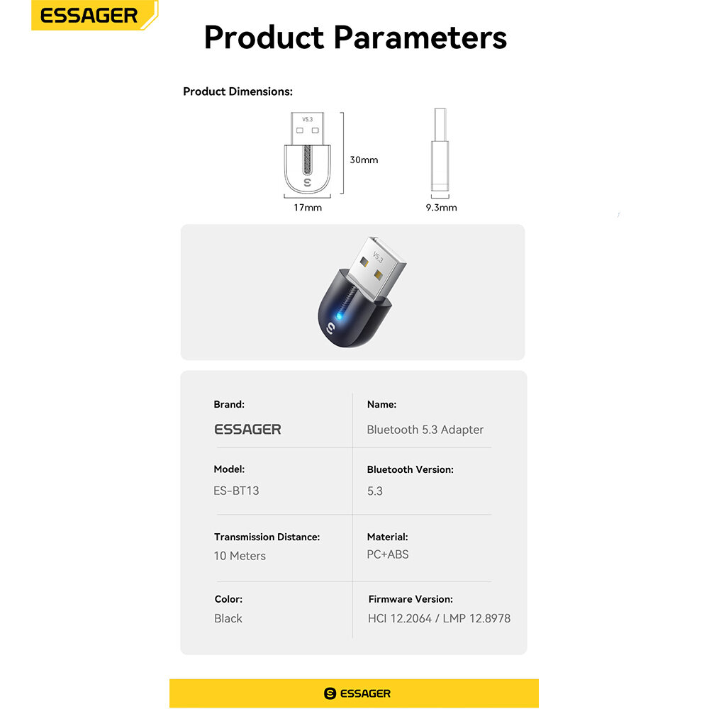 Essager 5.3 Bluetooth Adapters Mini Multifunctional Plug & Play Support Free Driver Windows 8.1/10/11. 