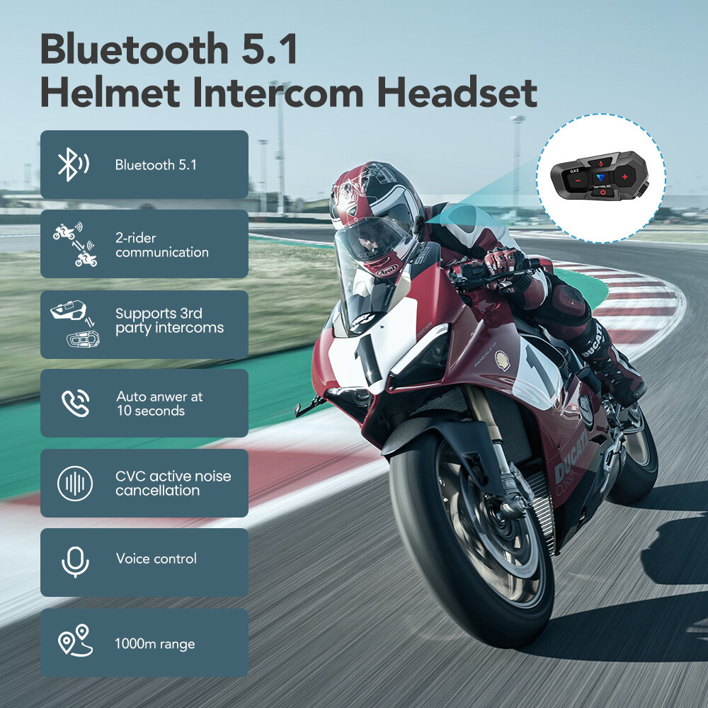 GEARELEC GX2 Motorcycle Helmet Bluetooth 5.1 Intercom System 2 Riders 1000m Wireless Interphone Headset with Voice Control. 