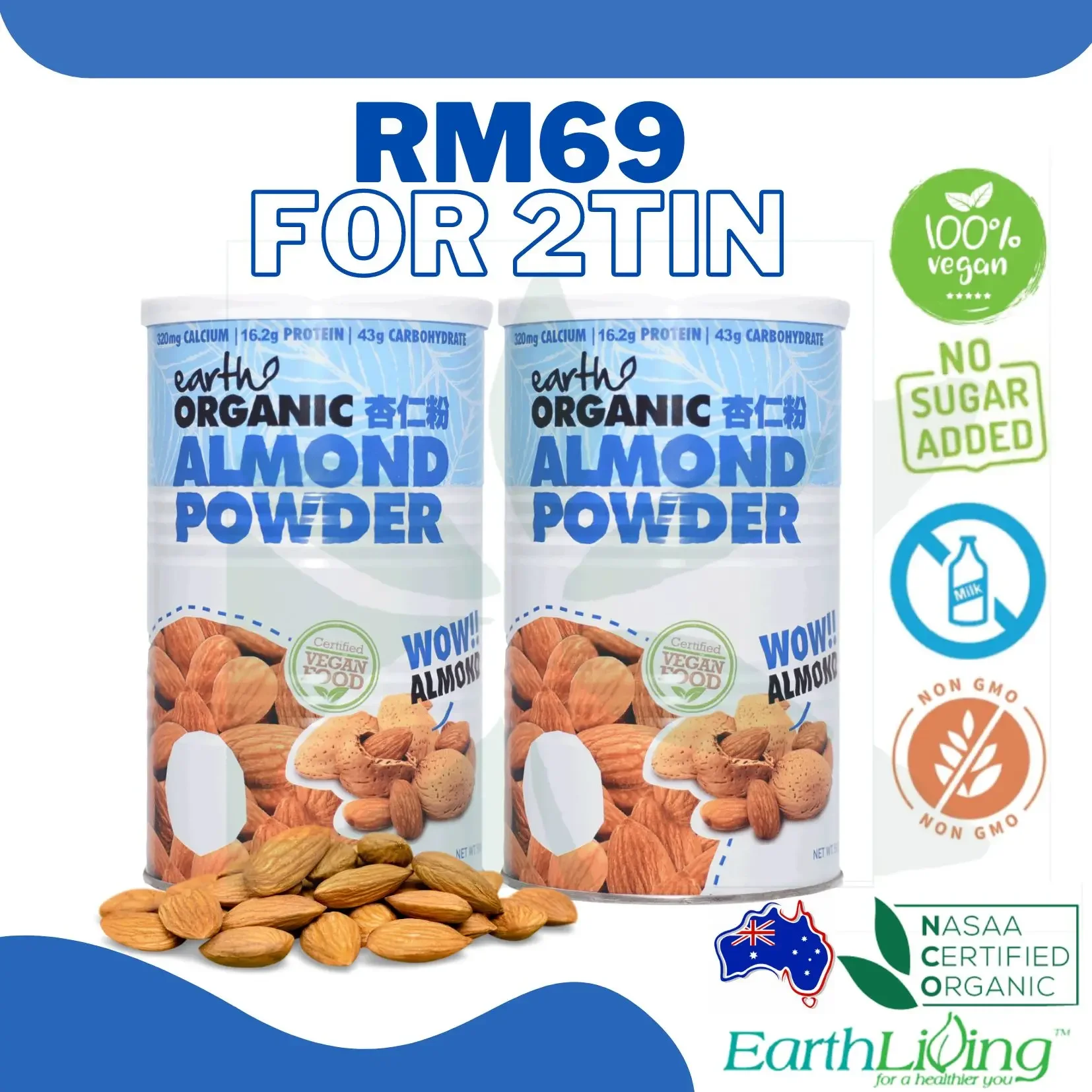 Earth Living The Mighty 8 Organic Superfood - Almond Powder 500g x2Tins EXP2022DEC