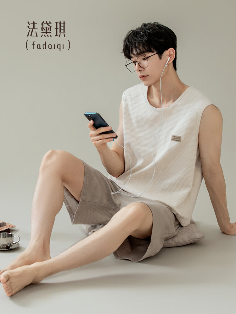 Men's Summer Pure Cotton Sleeveless Vest Sleepwear Thin Home Clothes Short Pants round Neck Print Casual Comfortable Home Suit Harga  108 Ringgit*Penghantaran Percuma