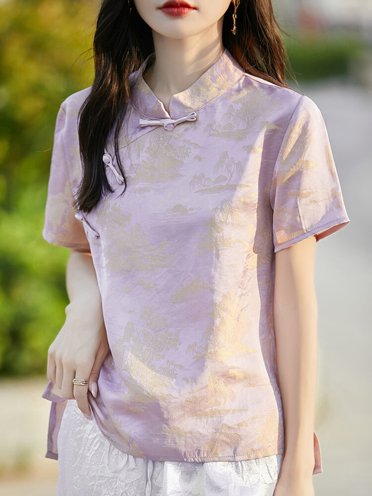New Chinese Style Improved Short-Sleeved Shirt for Women Classy Satin Mild Luxury Retro Frog Button Oblique Placket Collar Shirt Tops