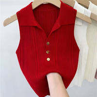 Polo Collar Thin Knitted Ice Silk Vest Womens Outerwear Slim Fit Summer Spring Autumn Sleeveless Short Length Solid Color