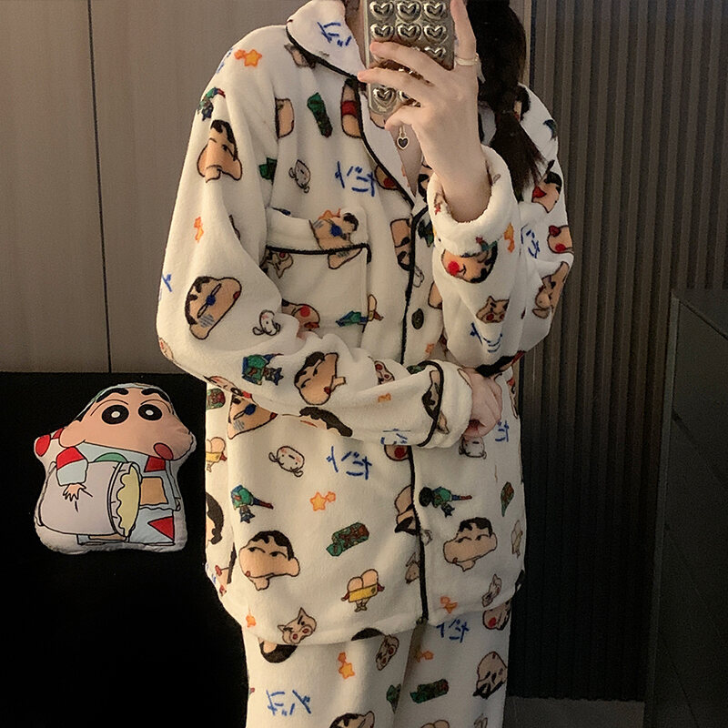Couple Pajamas Long&nbsp;sleeve Coral Fleece Autumn and Winter Women Cute Crayon Xiaoxin Cartoon Men's Flannel Homewear