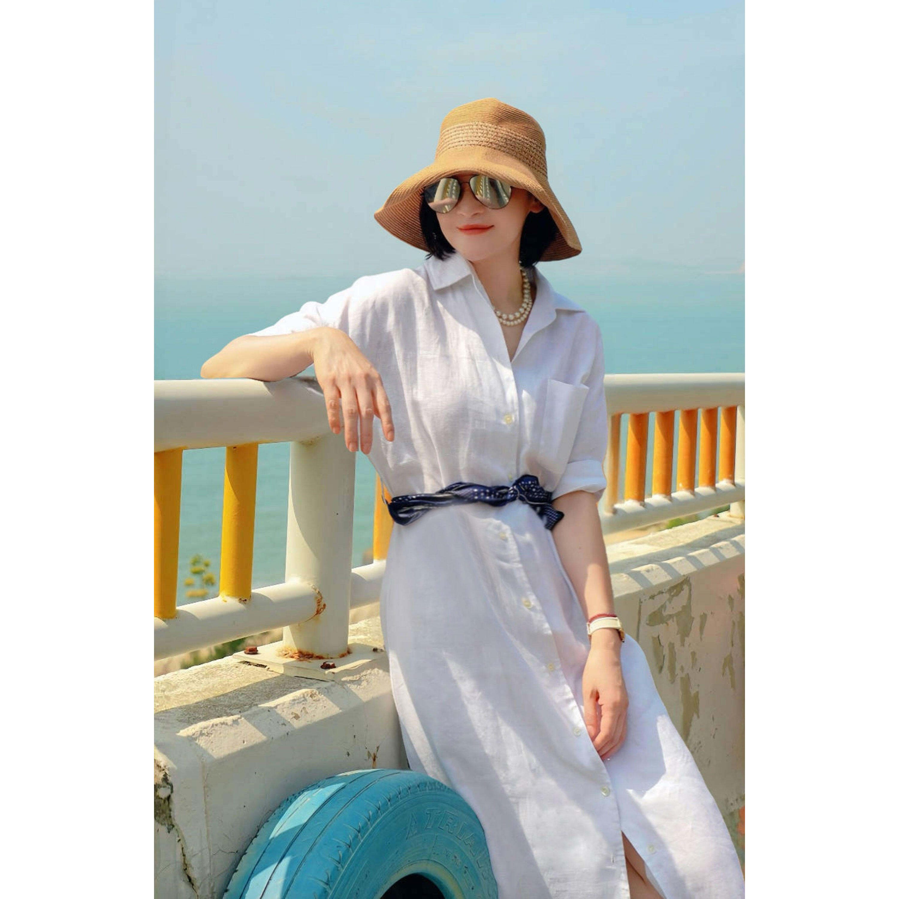 High Waist A-Line Dress Belted Shirt Style Summer Dress 100% Linen Short Sleeve V-Neck Single Button Closure Commute Friendly Harga  788 Ringgit*Penghantaran Percuma