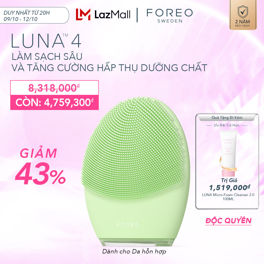 Máy rửa mặt FOREO LUNA 4 cao cấp mát-xa trẻ hoá da bằng sóng âm T-sonic phiên bản cho da hỗn hợp đầu gai slilicon kháng khuẩn thế hệ mới