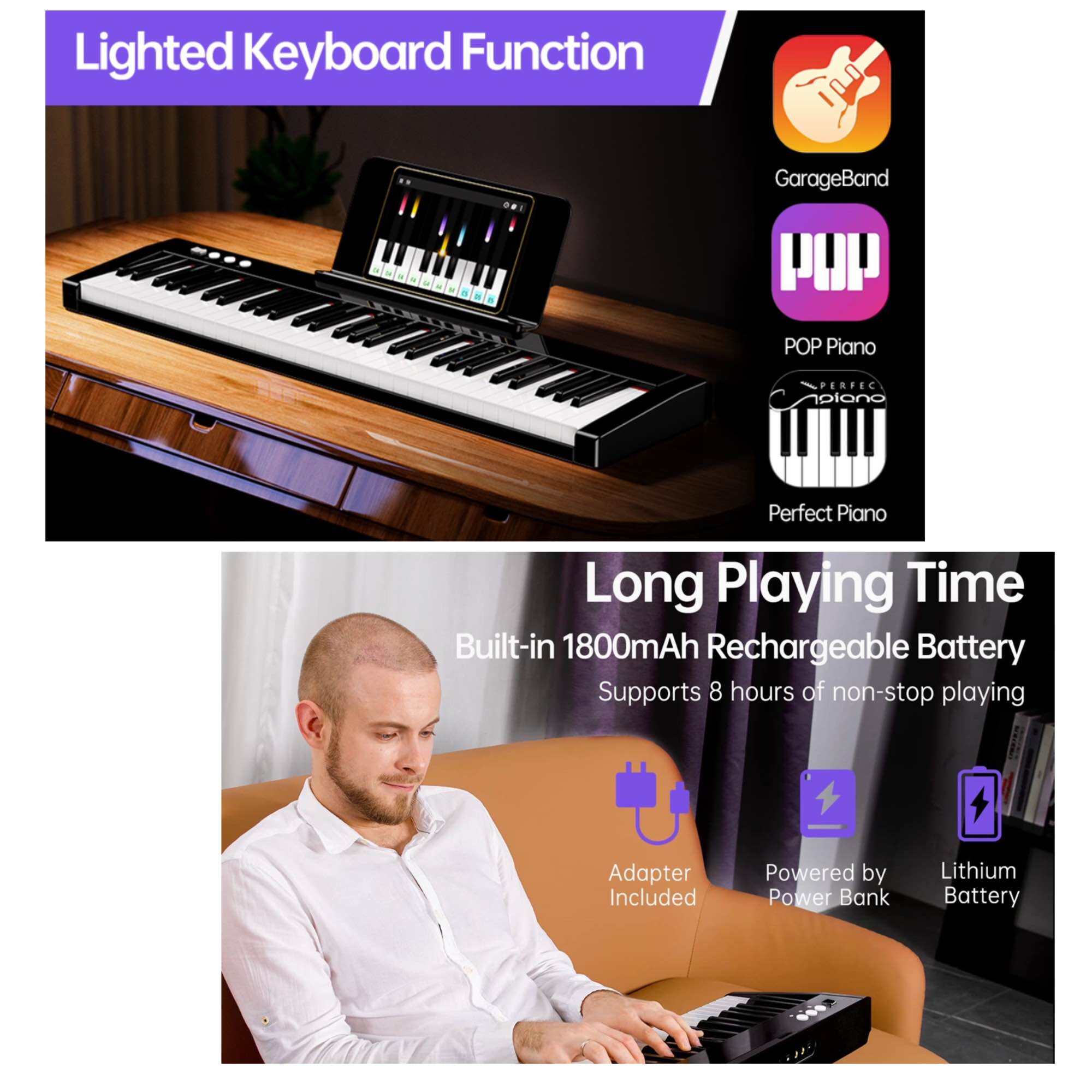 【Full Set】POPIANO 61 Keys Rechargeable Bluetooth Smart Keyboard Piano. 