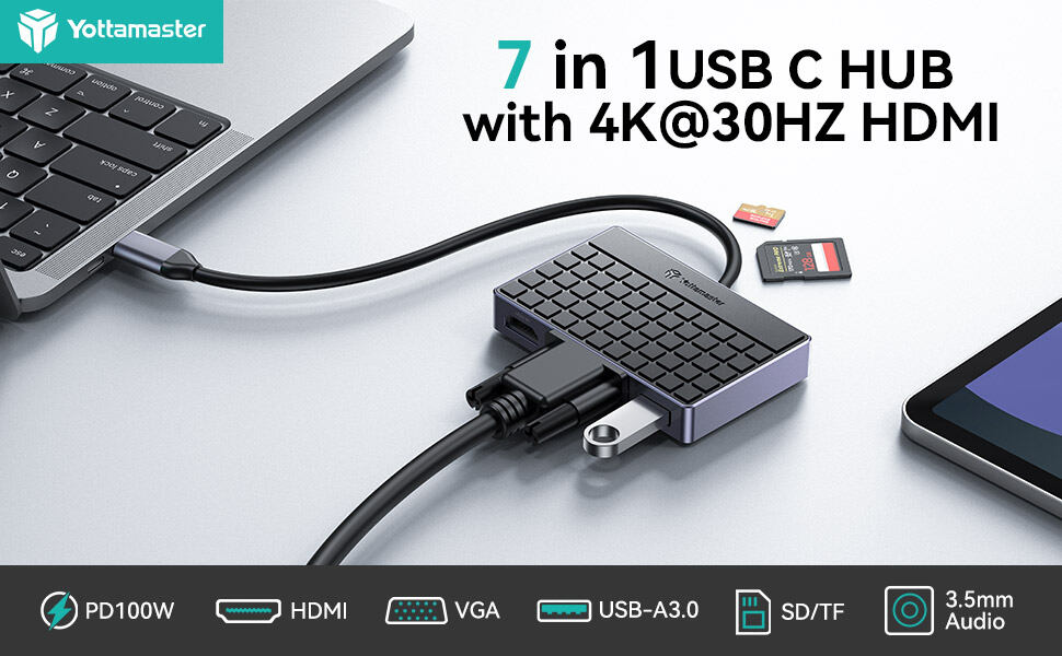 Yottamaster USB Type C 7 In 1 Hub USB-C to 4K HDMI/VGA/Card Reader/Audio/100W PD Adapter