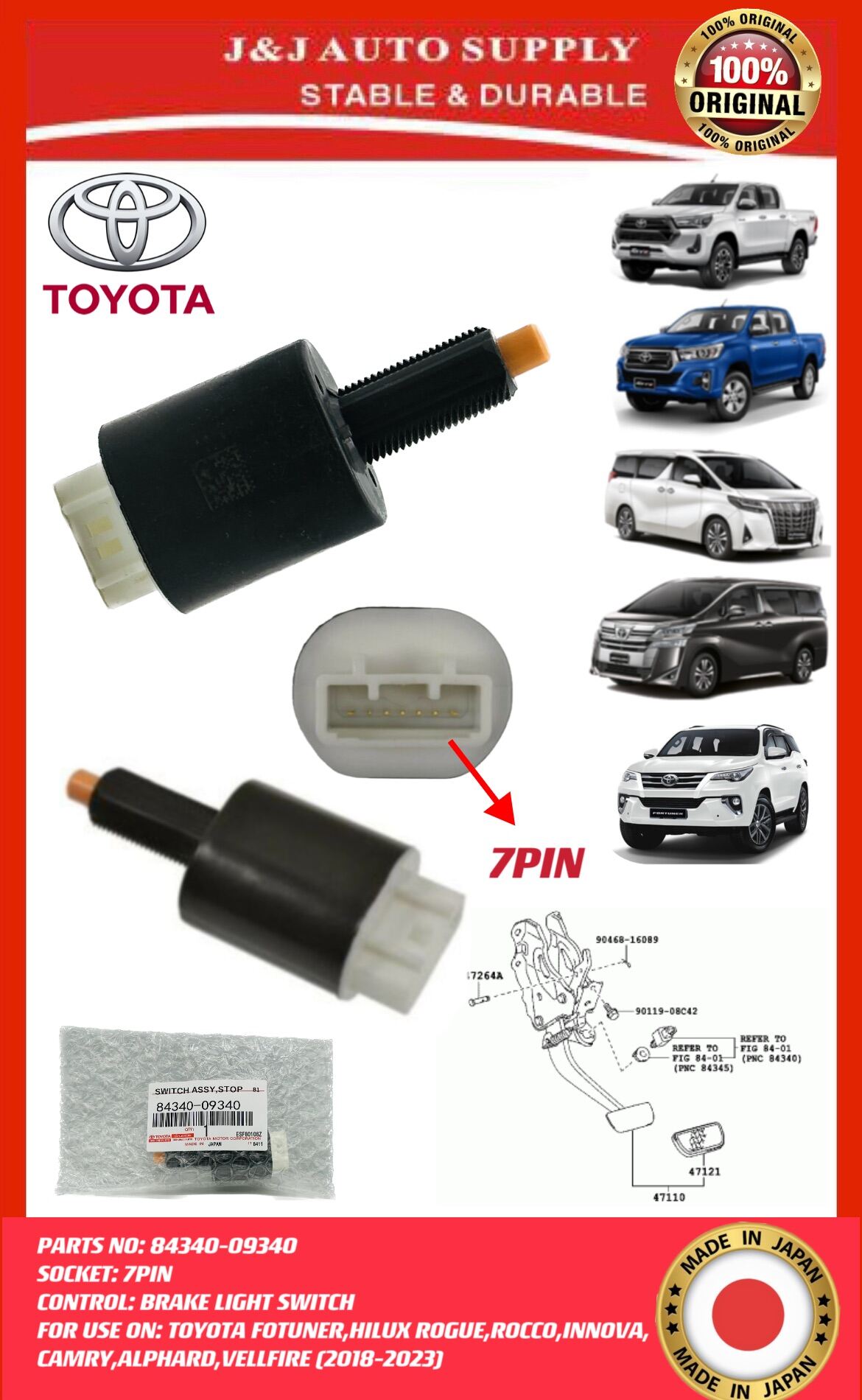 8434009340 ORIGINAL TOYOTA BRAKE LIGHT SWITCH 7PIN FOR USE ON TOYOTA