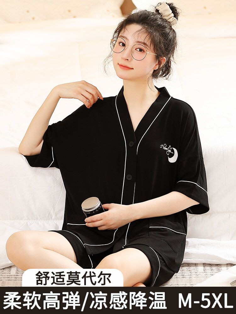 Summer plus Size V-Neck Modal Sleepwear Set for Women Ice Silk Black Home Clothes Comfortable Lightweight Short Sleeve Pajamas