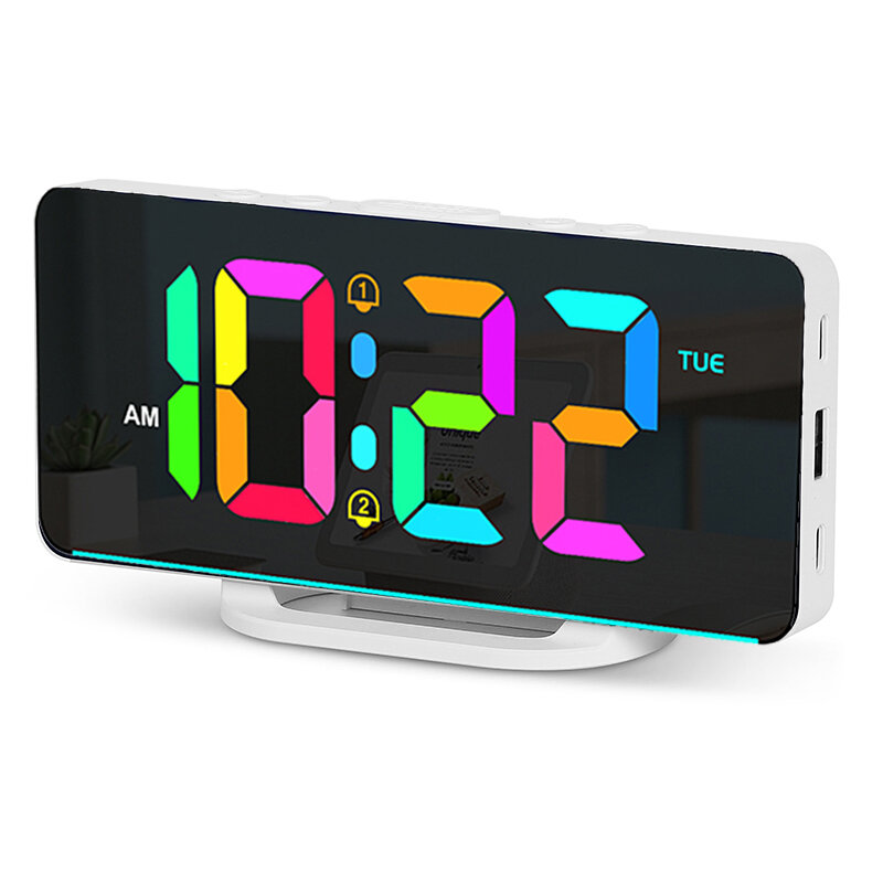 Digital Alarm Clock Desk/Wall Dimmable Electronic Clock with RGB Atmosphere Night Light Rainbow Time USB Charger Week Display