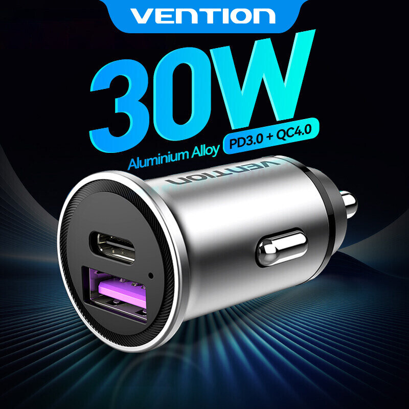 Vention 30W Car Charger PD Quick Charge SCP QC4.0 3.0 USB Type C Fast Charging for iPhone 16 15 Pro Max Samsung Xiaomi Oneplus PD Car Charger Adapter ราคา 136 บาท*ส่งฟรี
