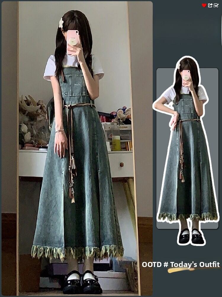 Retro Washed Denim Halter Dress Women's Spring Summer New Vintage School Style Slit Strap Dress High Waist A-Line Midi Dress