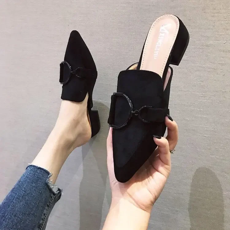 Online Celebrity Fashion Outer Wear Closed-toe ban tuo xie Female Summer 2020 New Style Leisure Closure Chunky Heel Low Heel Pointed Sandals