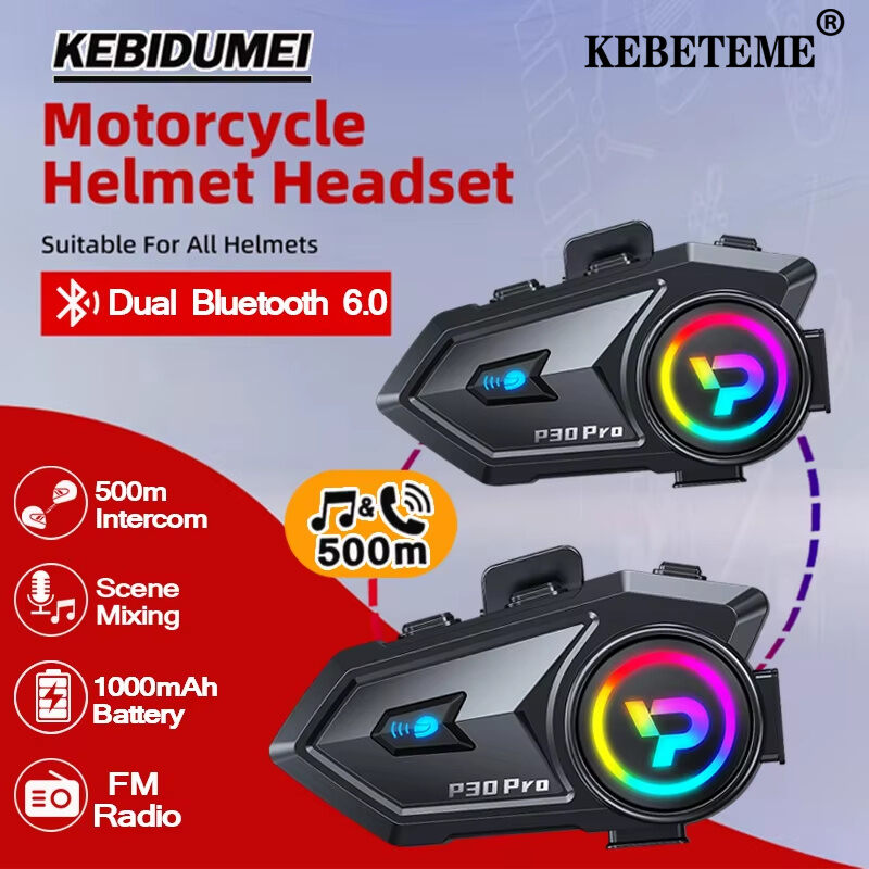 Kebememe 500M điện thoại gắn trong mũ bảo hiểm mô tô + Âm Nhạc Chia sẻ Dual Core V6.0 Tai nghe bluetooth 1000MAh Không thấm nước FM bộ đàm