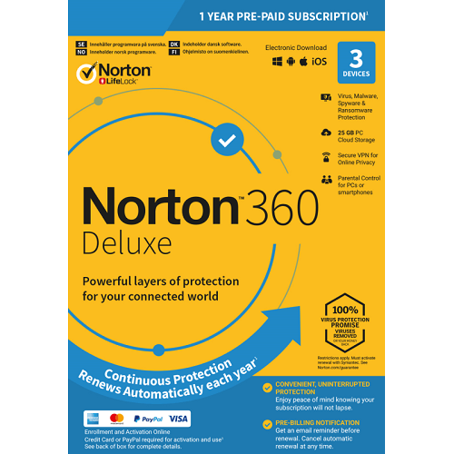Norton 360 Deluxe 2025 - 1 Year 3 PC Device - Download - Windows 7 8 10 11 Home Pro Professional Ultimate Mac IOS Android No Share Account Electronic Software Delivery. 